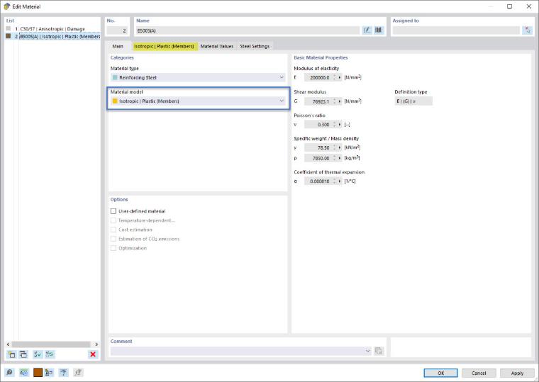 Výztužná ocel s materiálovým modelem "Izotropní | Plastický (pruty)" - Obrázek 1/2: Přiřazení materiálového modelu