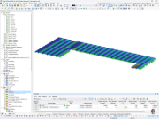 Model dřevěné střechy z křížem lepeného dřeva ve Vilstalhalle ve Vilsbiburgu v programu RFEM ukazuje přístavbu dalšího podlaží.