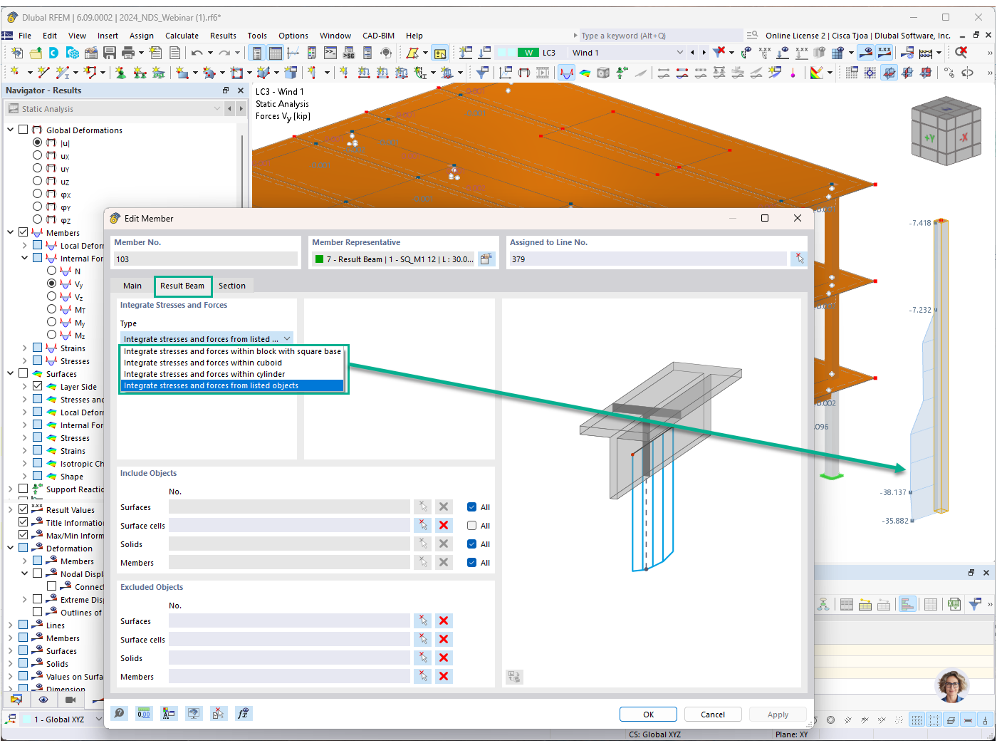 Technické zobrazení výsledkové linie pro typ prut v RFEM, funkce 002926