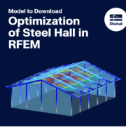 Simulace optimalizace ocelové haly zobrazující výsledky analýzy metodou konečných prvků v programu RFEM.