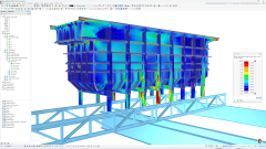 RFEM model ocelové nádrže (varianta 1) s napětími na plochách