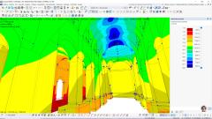 Vnitřní pohled na statickou analýzu chrámu v programu RFEM společnosti Dlubal s celkovými deformacemi při působení vlastní tíhy. Klenba a sloupy vykazují různé úrovně posunu znázorněné pomocí barevné stupnice.