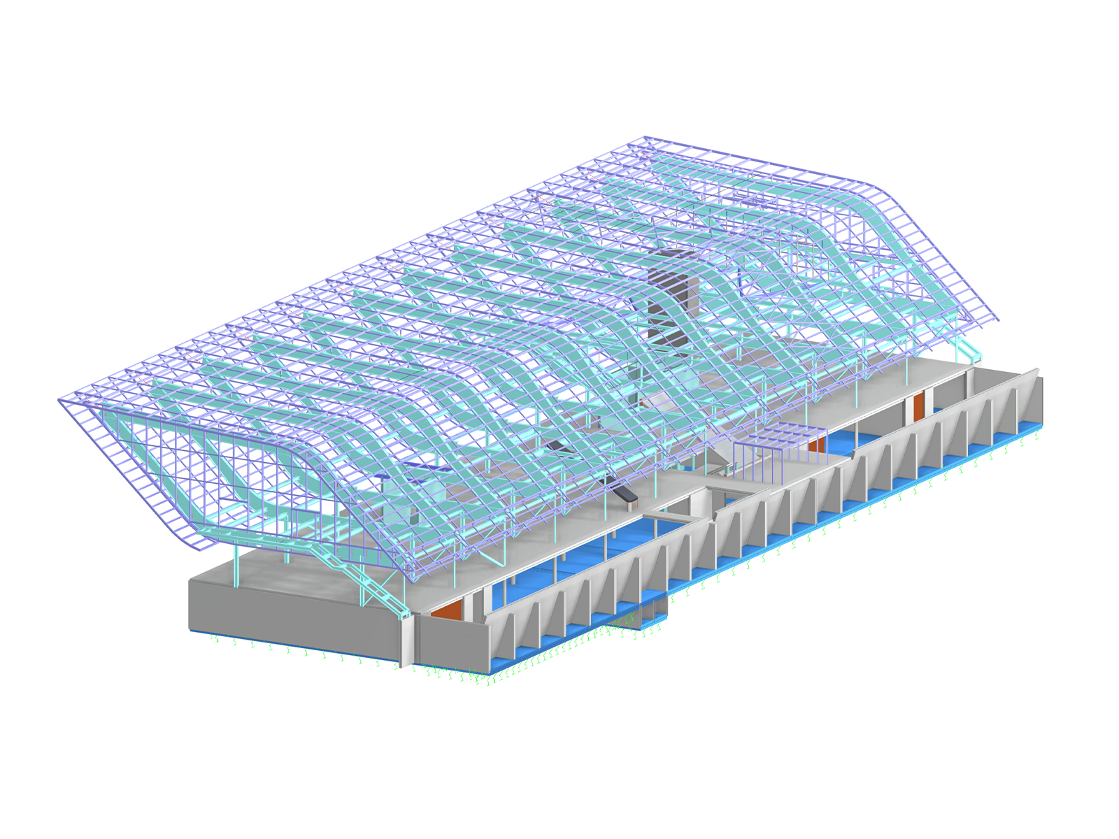 Model RFEM vlajkového obchodu BORA v Herfordu s 3D řezem a plovoucí konstrukcí