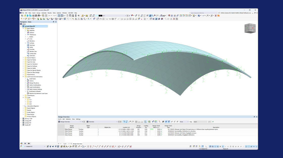 Zakřivená skleněná plocha demonstrující pokročilé modelování volných tvarů v addonu programu RFEM 6.