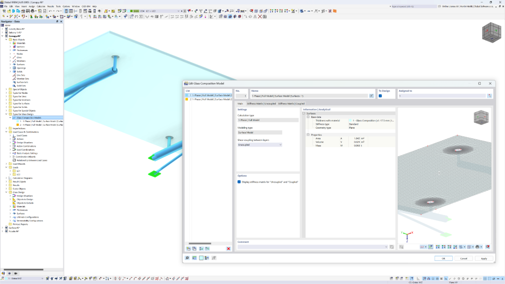 Dialog pro zadání modelu skladby skleněné konstrukce s bodovými podporami v addonu programu RFEM 6