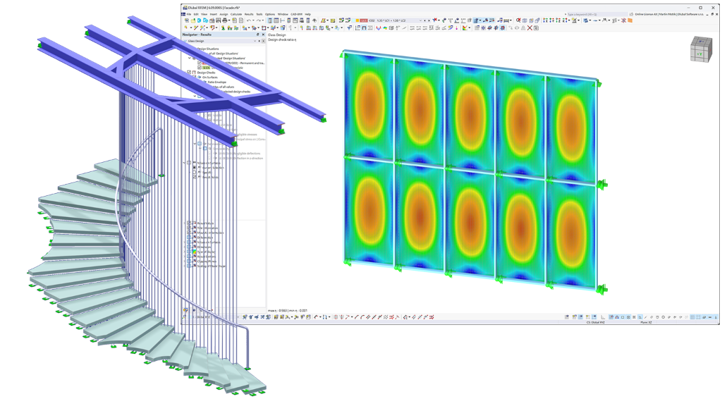 Posuvný obrázek zobrazující skleněnou fasádu a schodiště s rozhraním RFEM 6.
