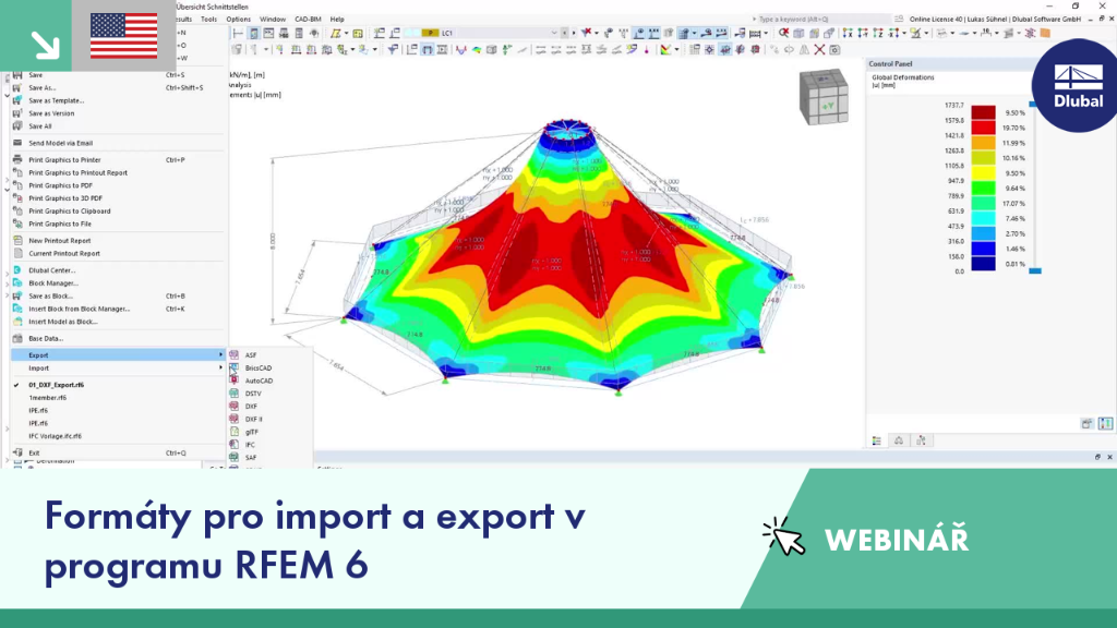 Obrázek z webináře představující funkce importu a exportu v programu RFEM 6 s přehledem technického rozhraní.