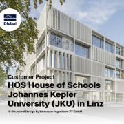 Vnější pohled na budovu HOS House of Schools na Johannes Kepler University v Linci, Rakousko
