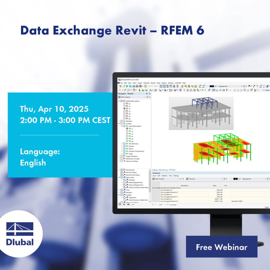 Obrázek upozorňuje na webinář o výměně dat mezi programy Revit a RFEM 6, který se konal 10. dubna 2025.