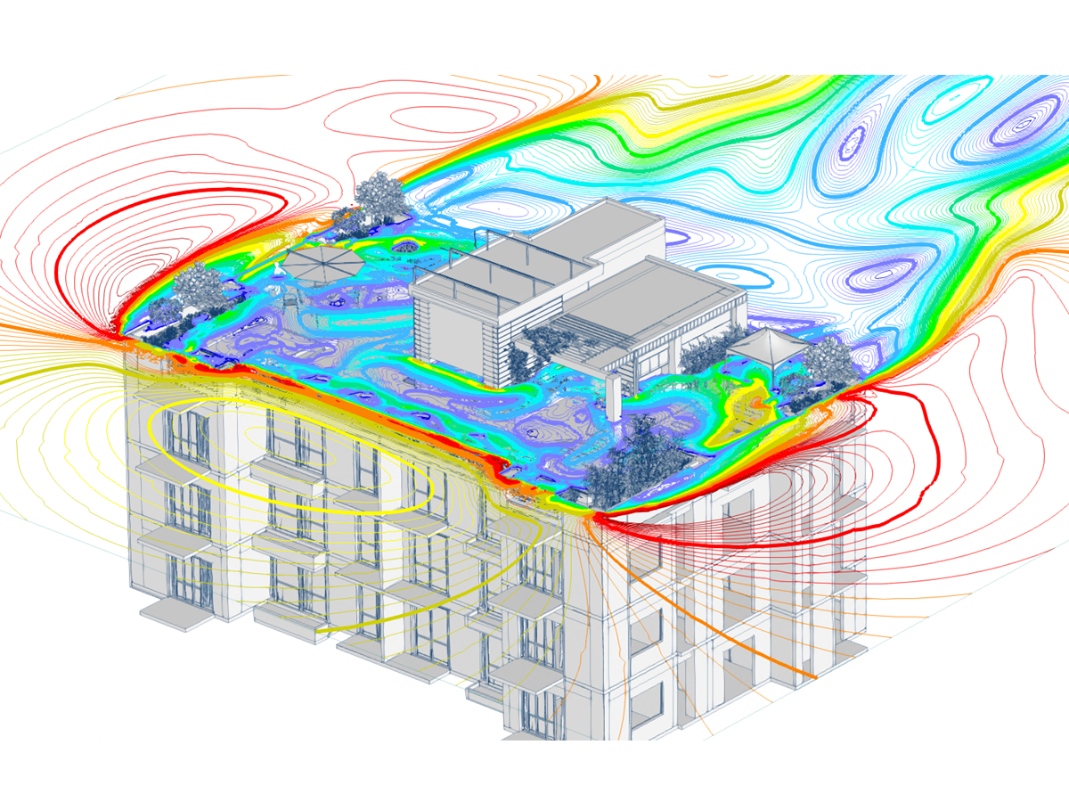 Simulace účinků větru na střešní zařízení pomocí programu RWIND ve 3D modelu.