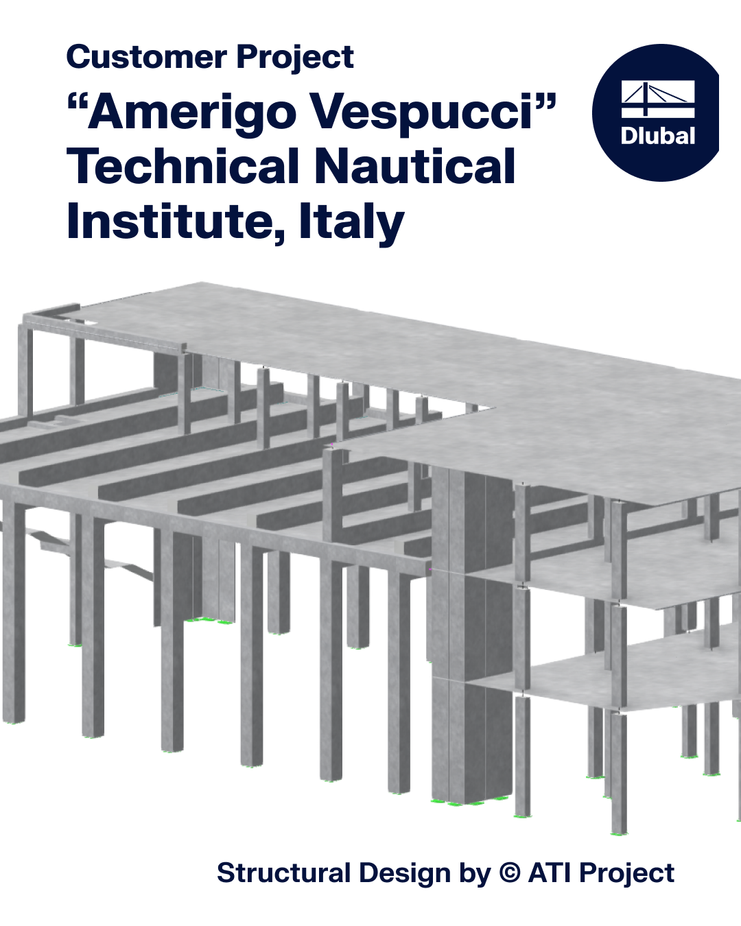 Statický výpočetní model Technického námořního institutu Amerigo Vespucci v Itálii, znázorňující složitou geometrii a konstrukční prvky.
