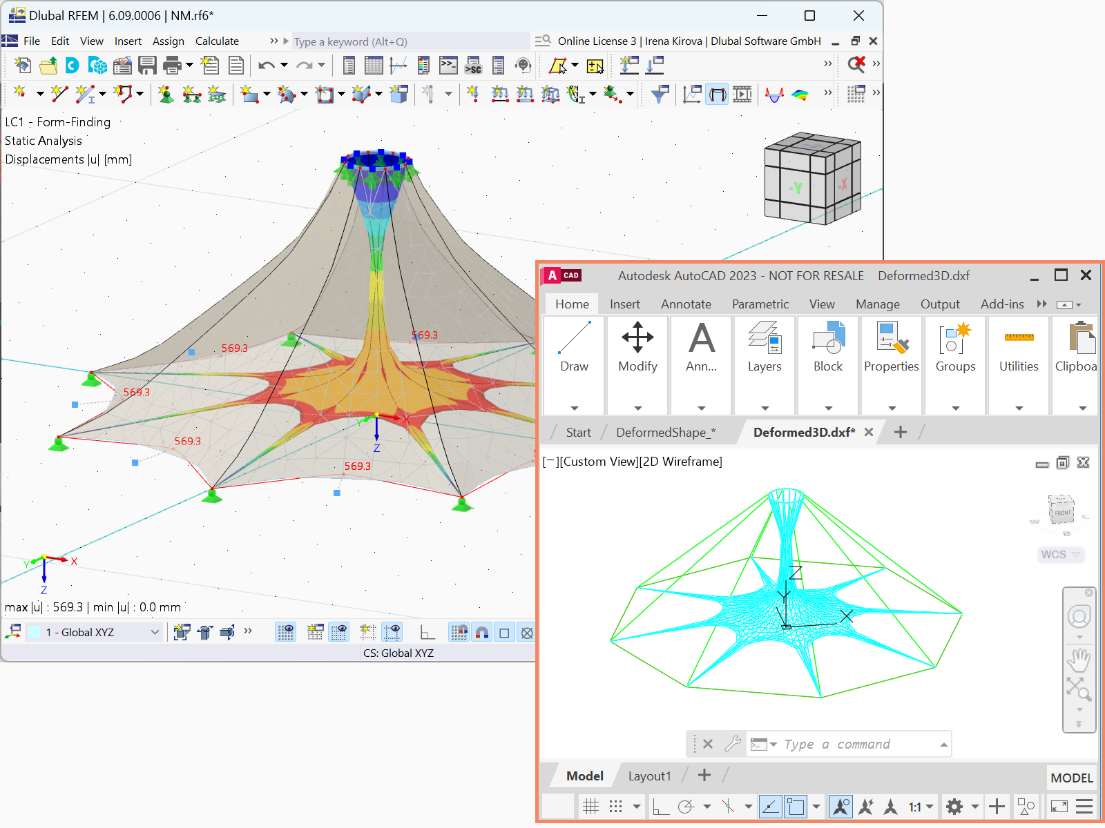 Obrázek zobrazuje funkci programu RFEM 6 pro export deformovaných tvarů jako 3D ploch do DXF souborů pro pokročilou analýzu konstrukcí a sdílení.