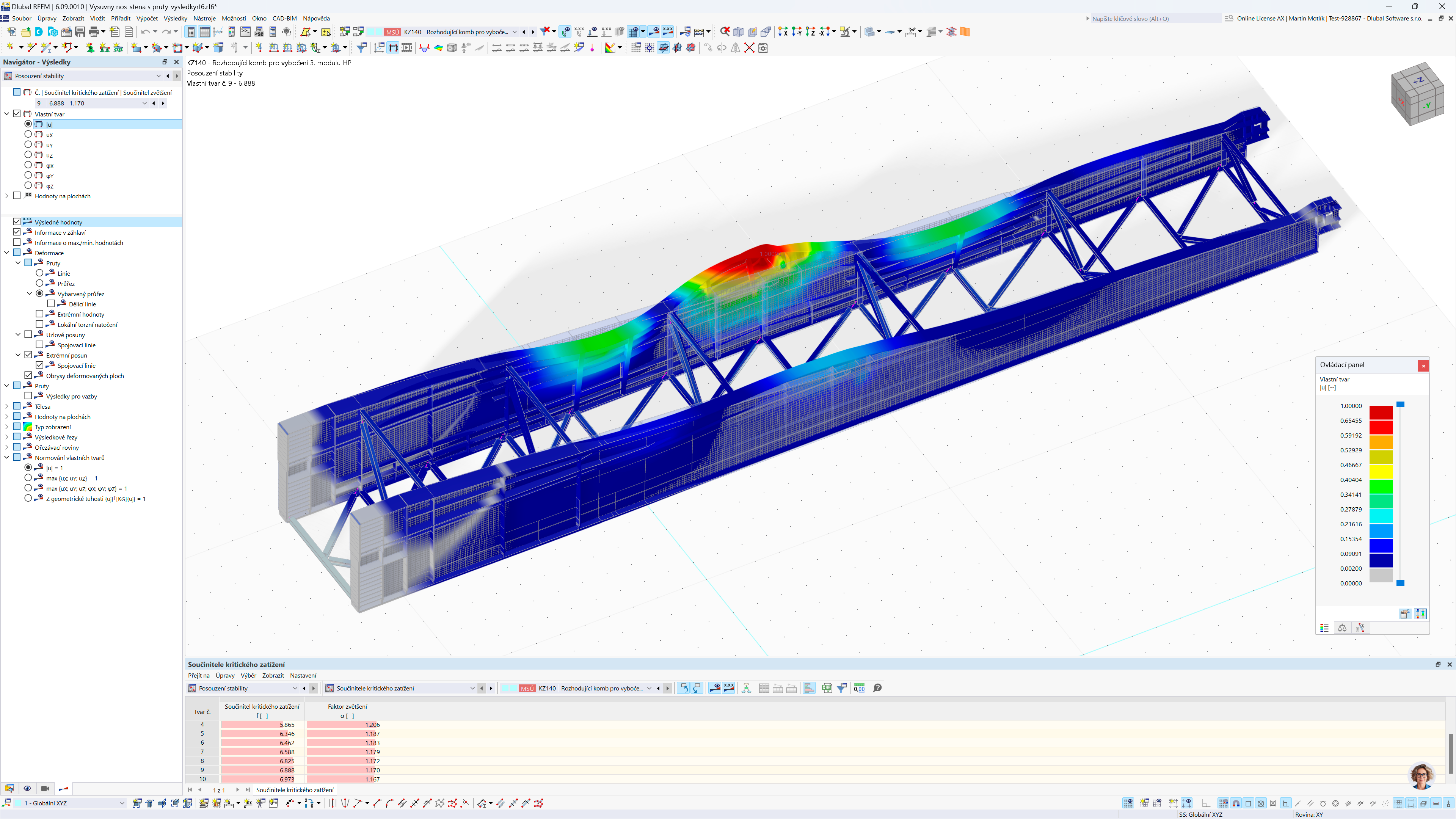 Ocelový výsuvný nos mostní estakády na dálnici D35 v RFEM 6, kritický tvar vybočení a stabilitní analýza.