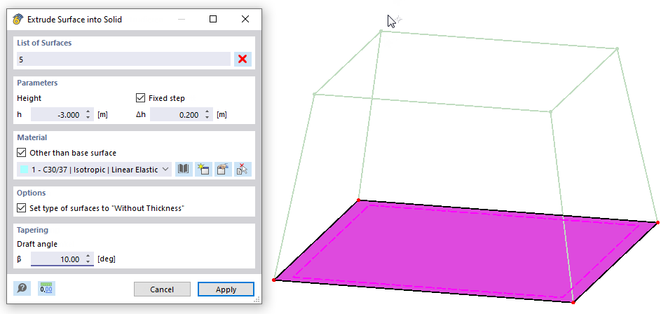 Tažení plochy do tělesa v softwaru CAD pro vizualizaci geometrie.