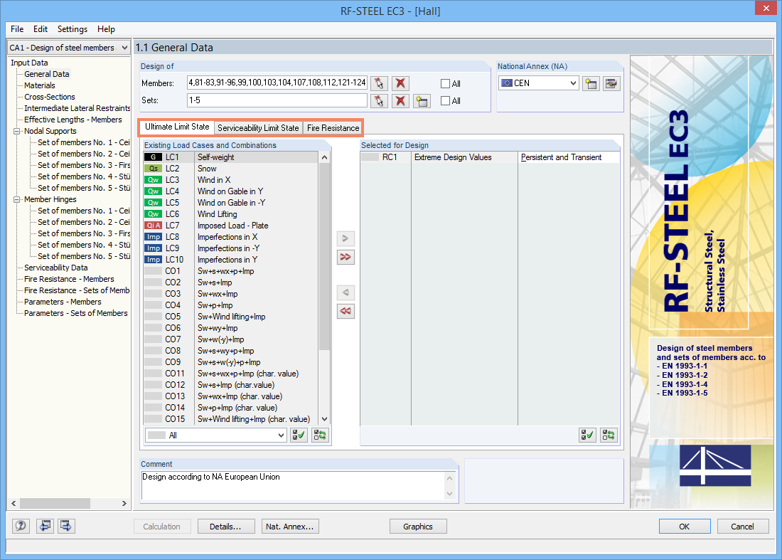 V okně Addon programu RF-STEEL EC 3 v programu RFEM 5 se zobrazují nastavení pro výpočet ocelových konstrukcí podle Eurokódu 3.