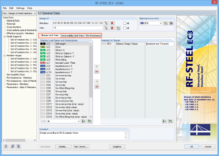 V okně Addon programu RF-STEEL EC 3 v programu RFEM 5 se zobrazují nastavení pro výpočet ocelových konstrukcí podle Eurokódu 3.