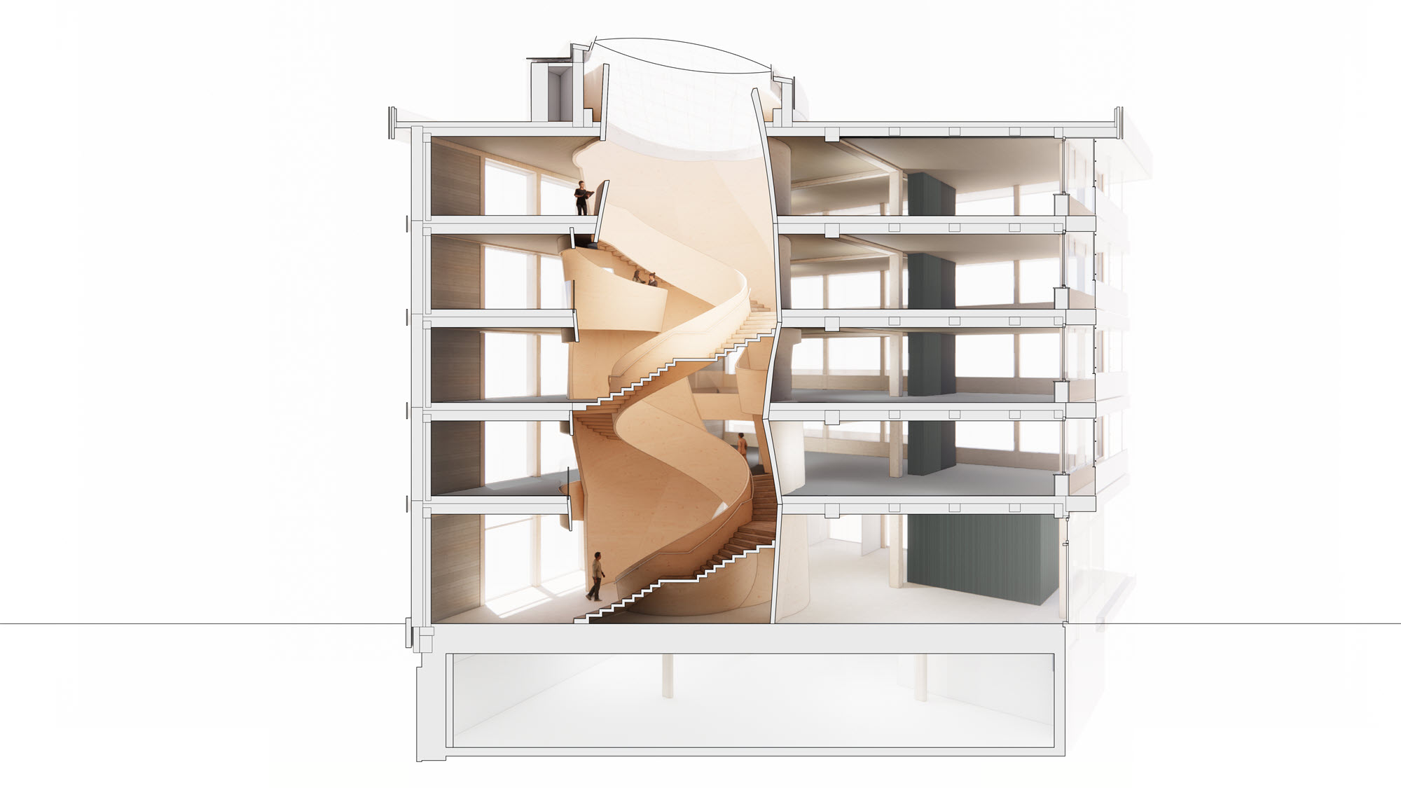 Půdorys budovy ukazuje atrium uprostřed konstrukce, včetně vnitřní struktury a architektonických detailů. (© Blumer-Lehmann AG)