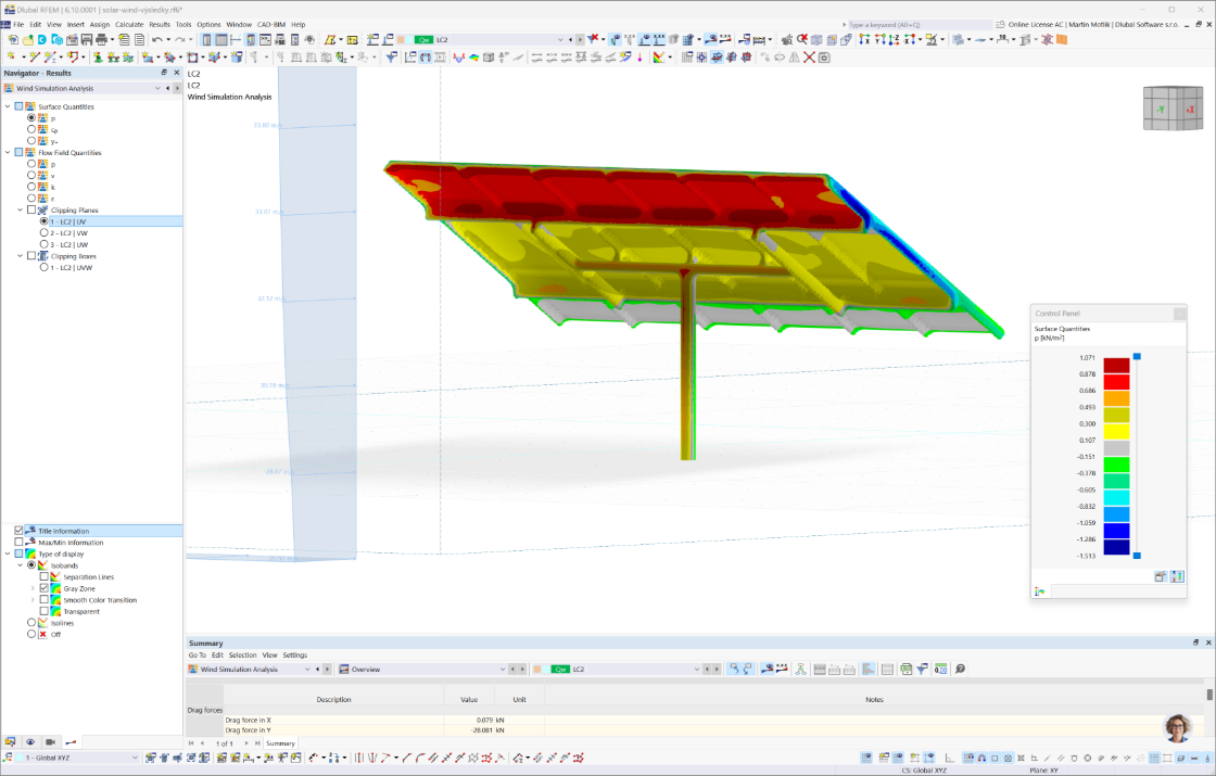 Výsledky analýzy tlaku větru na konstrukci pomocí interoperability mezi programy RFEM 6 a RWIND 3.
