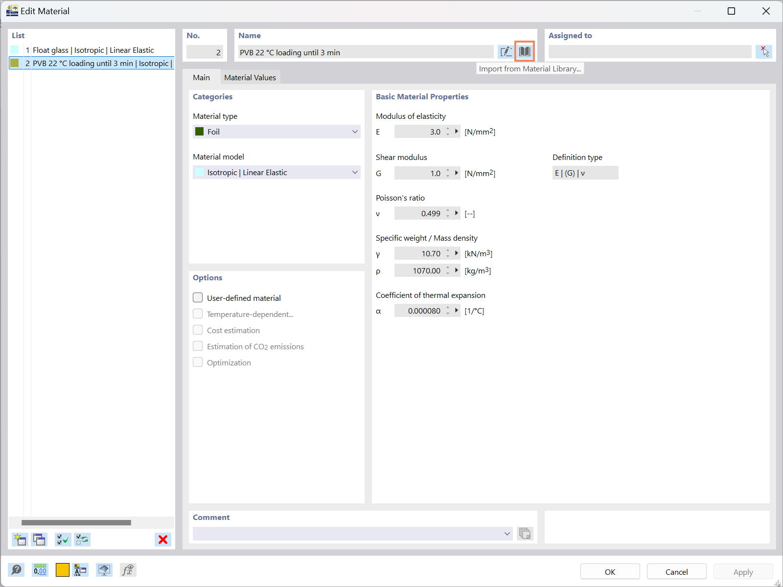 Nastavení materiálu RFEM 6 pro modelování skleněných konstrukcí v analýze konstrukce.
