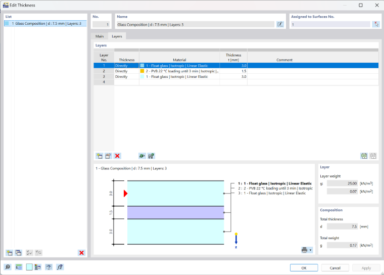 Vizuální znázornění procesu definice vrstev pro skleněné konstrukce v programu RFEM 6.