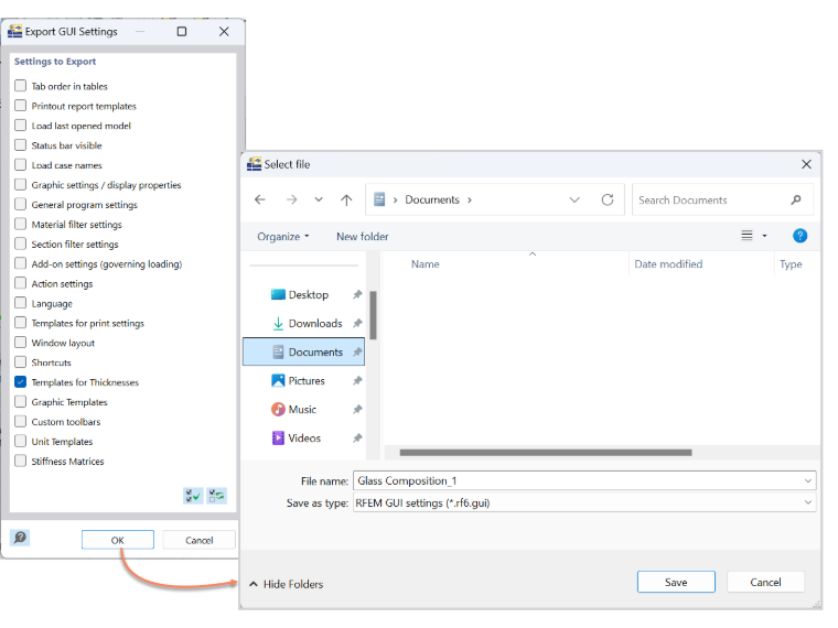 Nastavení grafického uživatelského rozhraní v programu RFEM 6 umožňuje efektivní ukládání a export vrstev konstrukce.