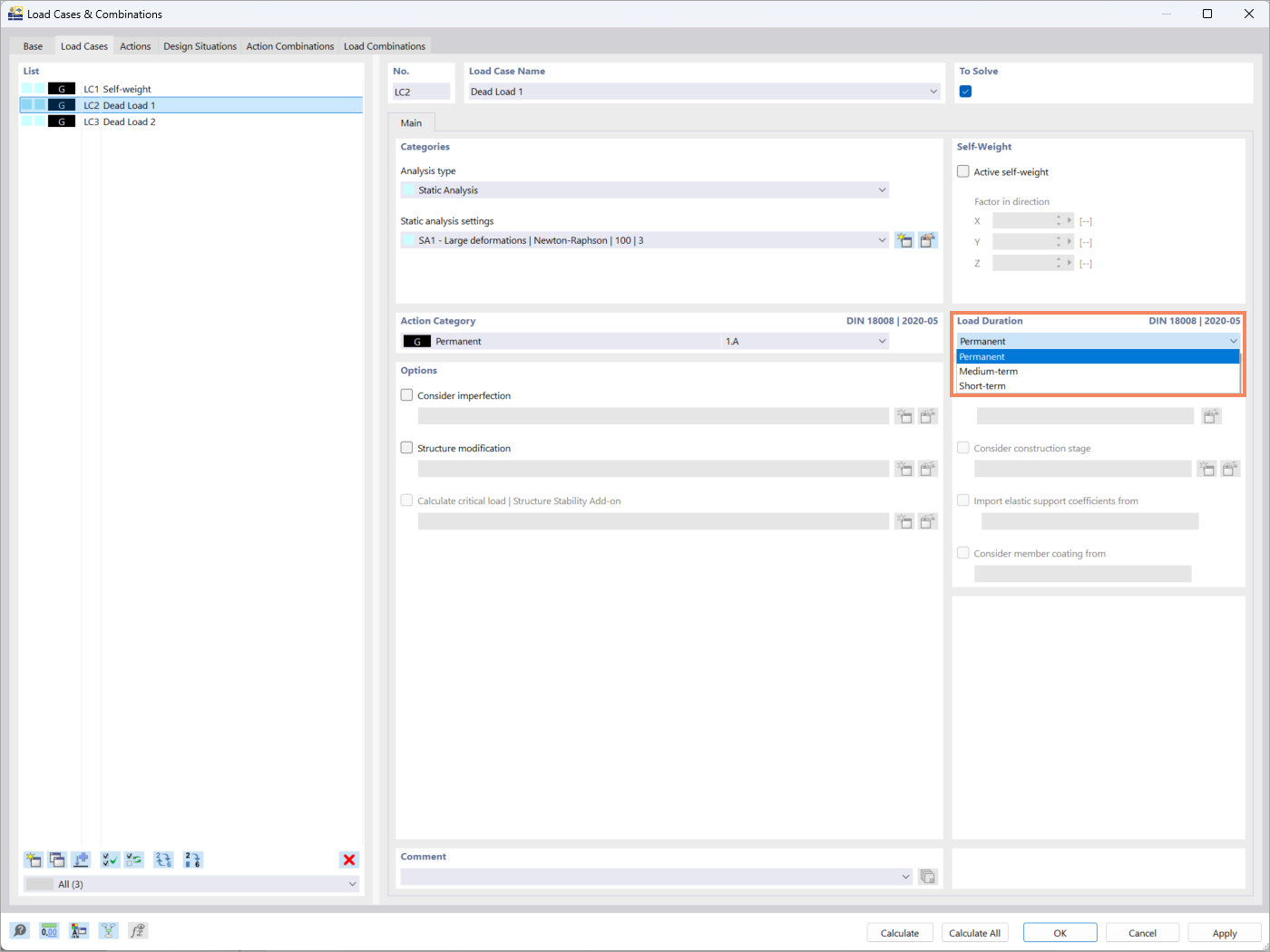 Pohled na program RFEM 6 s možnostmi zadání trvání zatížení v definicích zatěžovacích stavů.