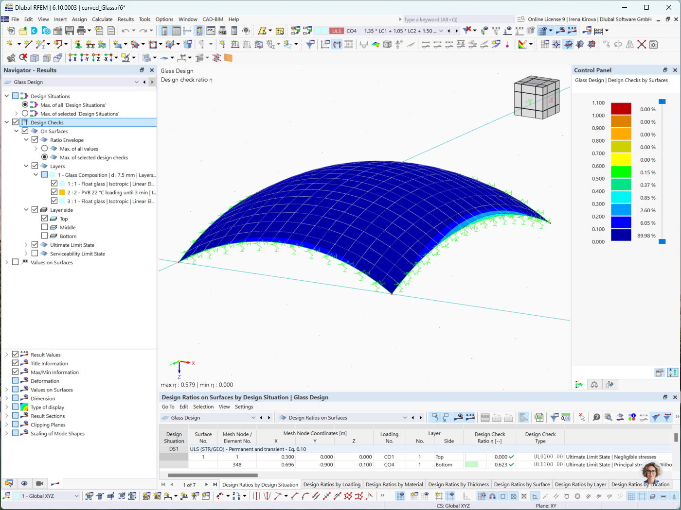Addon programu RFEM 6 pro navrhování skleněných konstrukcí zobrazuje výsledky analýzy skleněných konstrukcí za různých podmínek zatěžování.