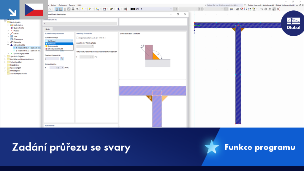 Definice svarů a výpočet napětí v programu pro posouzení průřezů.