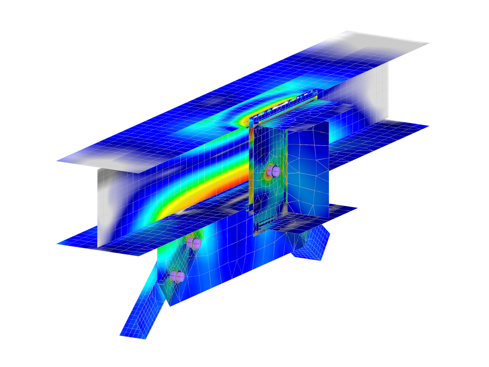 Model 005791 | Model RFEM zobrazující ocelový šroubový spoj s výztuhami a nosníkem, včetně exportovaných vnitřních sil ze střešní konstrukce.