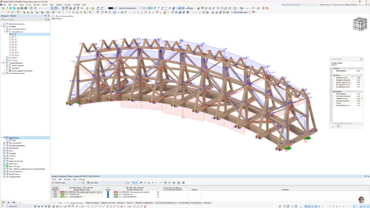 Vizualizace rozložení osových sil v modelu dřevěné lávky pro pěší analyzovaném pomocí programu RFEM 6.