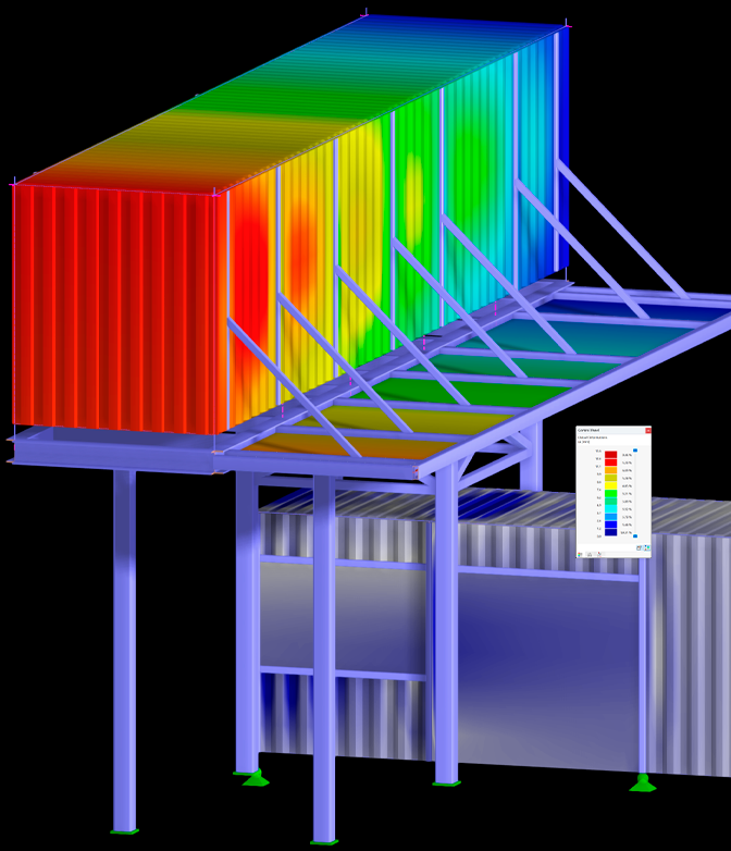 Model RFEM znázorňující výsledky globální deformace konstrukce kontejneru ovlivněné zatížením větrem. © Modular Structural Consultants LLC.