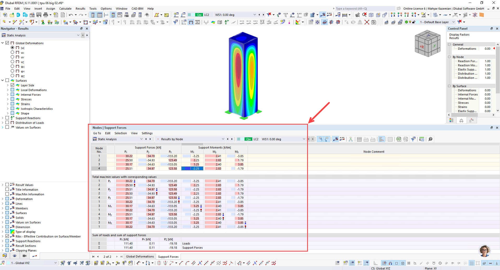 Podporové síly z simulace větru v programu RFEM