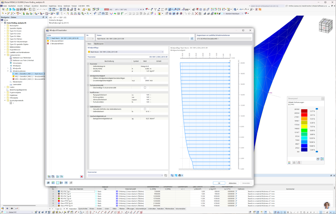 Zobrazení simulace zatížení větrem pomocí programu RWIND v programech RFEM a RSTAB, včetně průtokových polí, větrného kanálu, profilů a nastavení analýzy.