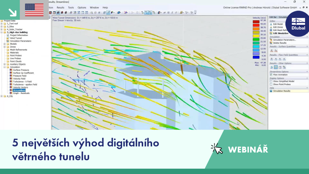 Přehled hlavních výhod technologie digitálního větrného tunelu ve webinářích.