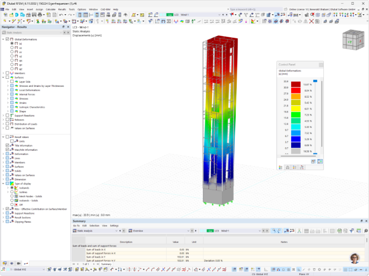 Zobrazení analýzy deformací rozhledny v programu RFEM