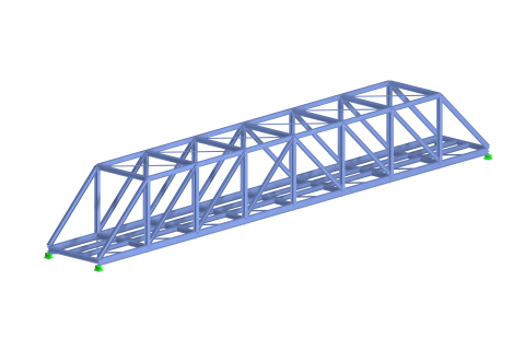 Analýza modelu ocelového železničního mostu vytvořeného v programu RFEM 6, zobrazující konstrukční prvky a efektivitu posouzení