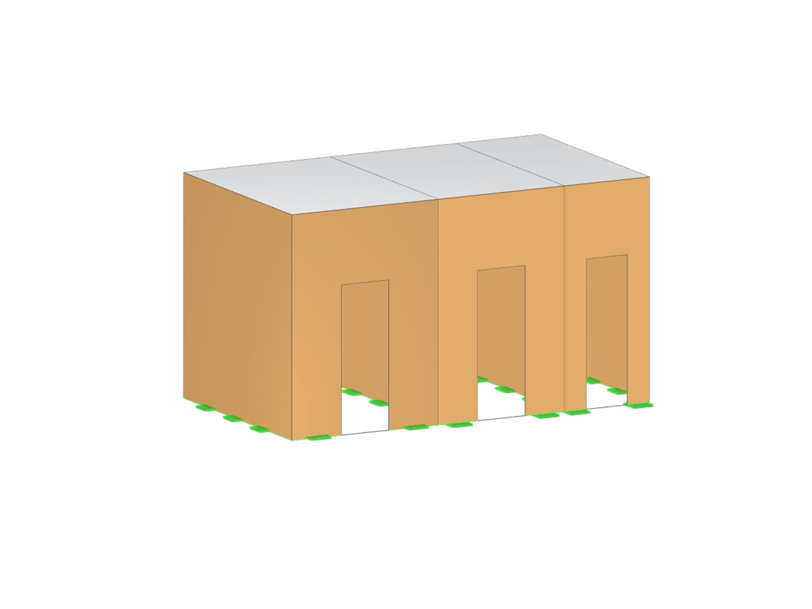 RFEM 6 model jednopodlažní nelineární zděné stěny s otvory pro dveře a betonovou deskou.