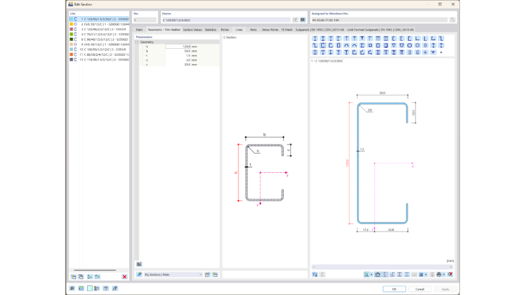Parametrický tenkostěnný průřez v programu RFEM 6 se zobrazením nástrojů pro ocelové průřezy tvarované za studena a pro jejich posouzení na boulení a stabilitu.