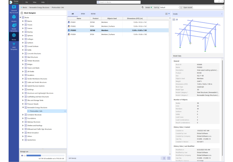 Dlubal centrum v programu RFEM 6 se správou projektů, dat uživatelů a šablon, které jsou k dispozici pro použití.