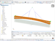 Statický model lávky pro pěší v programu RFEM 6, v němž vidíme detaily zdvihu a interakce mezi komponentami.