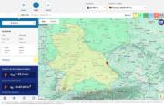 Rozhraní Geo-Zone Tool mapy zobrazující data větrných oblastí pro konkrétní lokality s podrobnými údaji o rychlosti větru a tlaku
