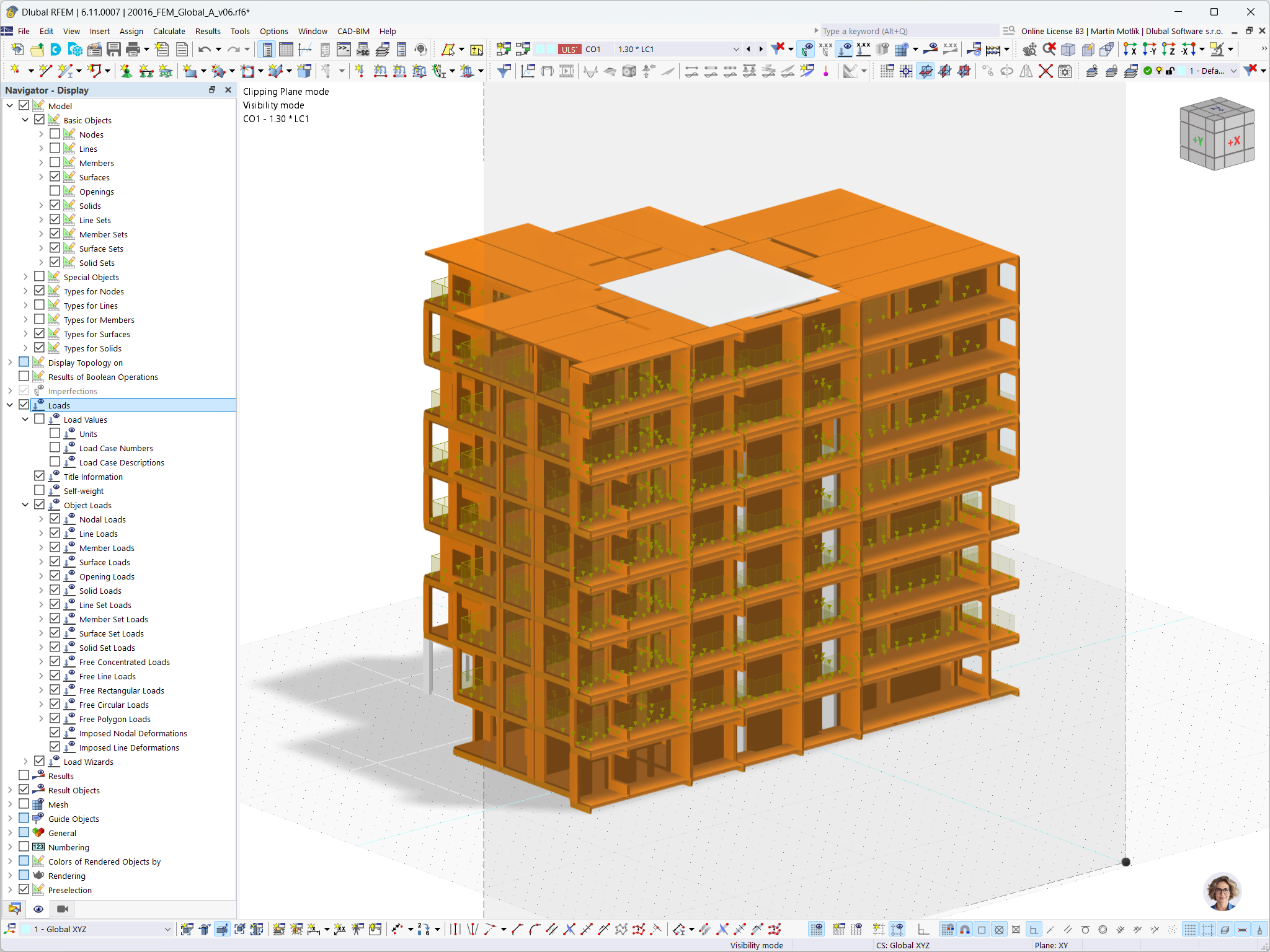 3D řez modelem budovy Heimdalsporten podél svislé osy v programu RFEM 6 vytvořený firmou Ergodomus di Franco Piva