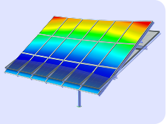 Model ocelové podpůrné konstrukce pro solární panely vytvořené v programu RFEM 6, ukazující podrobné konstrukční spoje a rozložení zatížení.