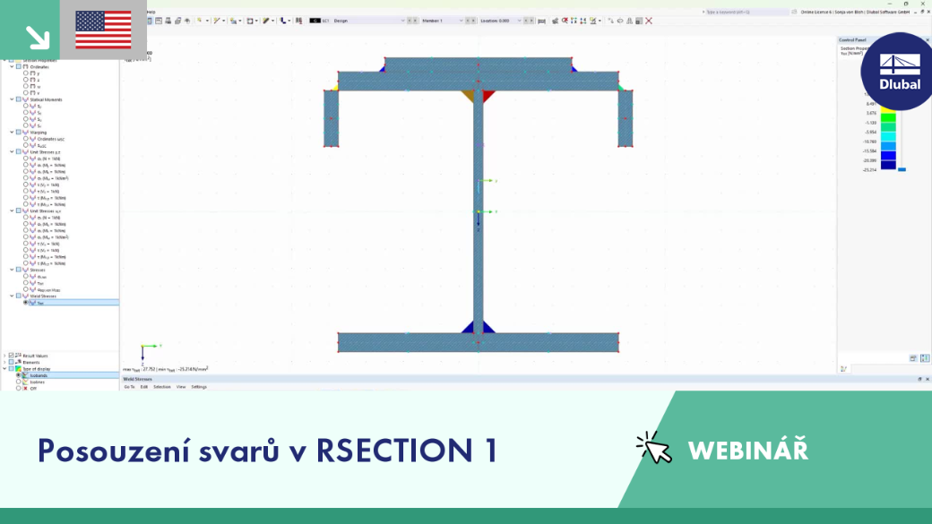 Snímek z webináře zobrazující ověřování svarů v programu RSECTION 1 se zaměřením na validaci a verifikaci svarů.
