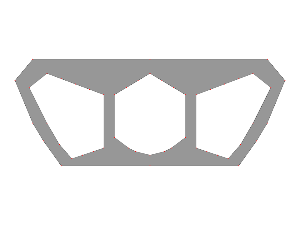Parametrický model příčného řezu tříkomorového komorového nosníku vytvořený v programu RSECTION, zobrazující geometrickou definici pomocí uzlů a linií pro statickou analýzu.