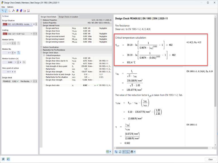 Obrázek ukazuje výsledky v programu RFEM 6 - addon Posouzení ocelových konstrukcí, Podrobnosti posouzení pro kritickou teplotu konstrukčního prvku.