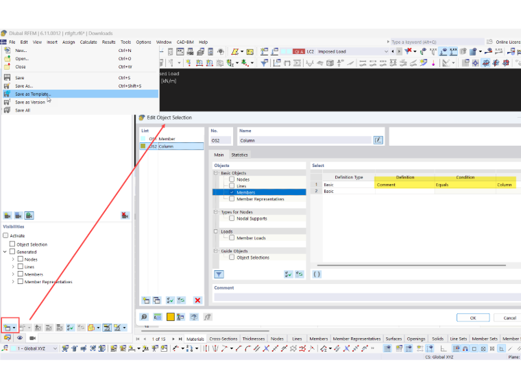 Definice výběrů objektů v šabloně programu RFEM