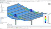 Obrázek ukazuje detailní pohled na model statických výpočtů pro hliníkovou konstrukci pomocí programu RFEM 6 podle čínské normy GB 50429.