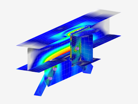 Model 005791 | Model RFEM znázorňující ocelový šroubový spoj s výztuhami a I-profilem, včetně exportovaných vnitřních sil ze střešní konstrukce.