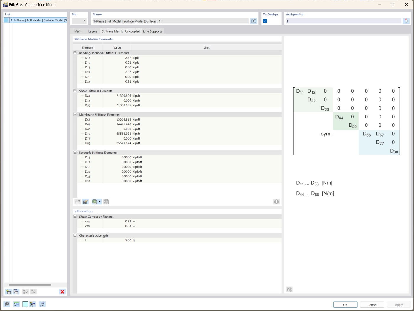 Vlastnosti tuhosti vrstveného skla vypočítané pomocí laminátové teorie zobrazené v rozhraní programu.